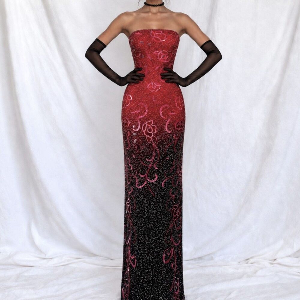 Vintage Strapless Silk Pink Red Floral Beaded Maxi Bodycon Prom Dress Size XS/S